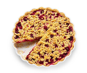 Baking dish with tasty cherry pie on white background