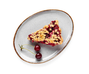 Plate with piece of tasty cherry pie on white background