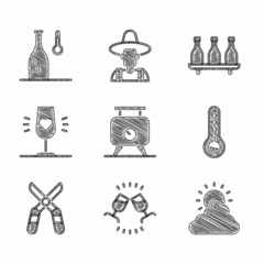 Set Fermentation of grapes, Wine tasting, degustation, Sun and cloud weather, Meteorology thermometer, Gardening scissors, glass, Bottle wine and temperature icon. Vector