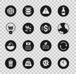 Set Clock, Recycle symbol, Worldwide, Exclamation mark in triangle, QR code, Delicate wash, Social network and Dollar icon. Vector