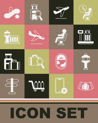 Set Conveyor belt with suitcase, Airport control tower, Scale, Plane takeoff, landing, Escalator up and Human waiting airport terminal icon. Vector