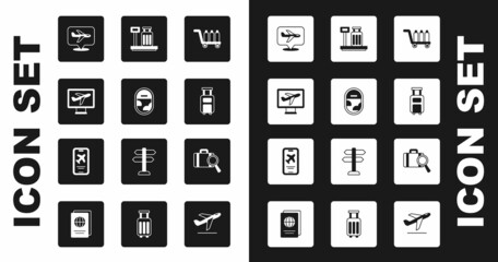 Set Trolley baggage, Airplane window, Plane, Suitcase, Scale with suitcase, Lost and Mobile ticket icon. Vector