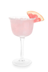 Glass of tasty grapefruit margarita on white background