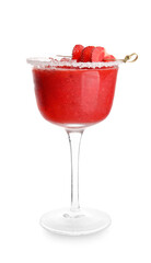 Glass of tasty strawberry margarita on white background