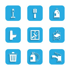 Set Rubber cleaner for windows, Dishwashing liquid bottle, Water tap, Bar of soap, Trash can, Toilet bowl, Bottle cleaning agent and Vacuum icon. Vector