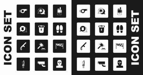 Set Walkie talkie, Police electric shocker, badge, Whistle, Footsteps, Hexagram sheriff, Crime scene and rubber baton icon. Vector