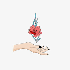Kobieca dłoń trzymająca kwiat. Czerwony kwiat, gałązka i smukła dłoń z czarnym manicure. Elementy do wykorzystania na kartki z życzeniami, walentynki, spa, kosmetyki naturalne, eco produkty. - obrazy, fototapety, plakaty