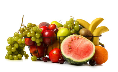 Basket with fresh fruits on white background