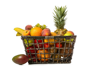 Basket with fresh fruits on white background