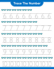 Trace the number. Tracing number with Sunglasses. Educational children game, printable worksheet, vector illustration
