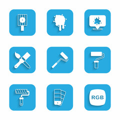 Set Paint roller brush, Color palette guide, RGB, spray and Spray can nozzle cap icon. Vector