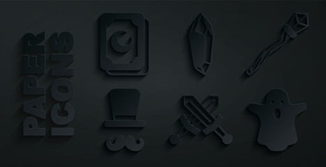 Set Crossed medieval sword, Magic staff, Magician, Ghost, stone and Tarot cards icon. Vector
