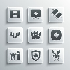 Set Canada flag on shield, Deer head with antlers, Canadian maple leaf, Bear paw footprint, Farm house, Flag of and Christmas mitten icon. Vector