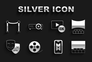 Set Film reel, Cinema auditorium with screen, Buy cinema ticket online, Comedy and tragedy masks, Screen tv 4k, Rope barrier and Movie, film, media projector icon. Vector