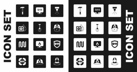 Set Fire sprinkler system, shovel, Electric wiring of socket fire, Firefighter axe, helmet, Emergency call 911, and hose reel icon. Vector