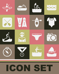 Set Yacht sailboat, Photo camera, Swimsuit, Windsurfing, Flippers for swimming, Paddle, Kayak and paddle and icon. Vector