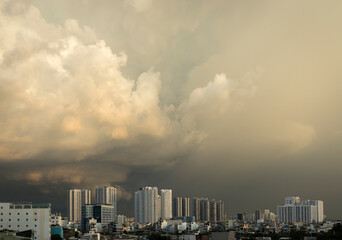 Ho Chi Minh City, Saigon, Vietnam tropical evening thunder storm and view to district seven.