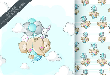 Cute animal baby elephant happy flying with balloon illustration set seamless pattern: can be used for cards, invitations, baby shower, posters; with white isolated background
