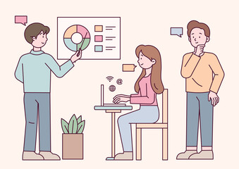 Office colleagues are looking at graphs and discussing opinions. outline simple vector illustration.