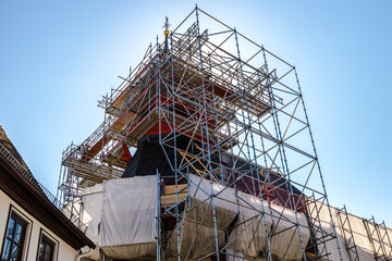 Church tower in scaffolding