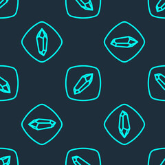 Green line Magic stone icon isolated seamless pattern on blue background. Fantasy crystal. Jewelry gem for game. Vector