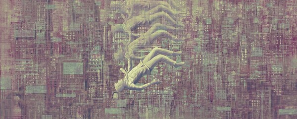 Lonely man in  city, architecture painting art, surreal artwork, future loneliness and alone concept, conceptual illustration, panorama of building	