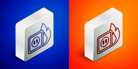 Isometric line Electric wiring of socket in fire icon isolated on blue and orange background. Electrical safety concept. Plug outlet on fire. Silver square button. Vector