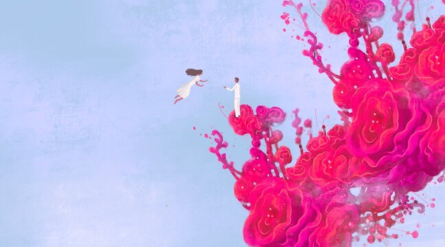 Love concept art, a man and a woman with abstract of pink flowers, surreal painting, fantasy illustration	