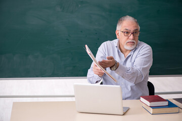 Old male teacher in front of green board