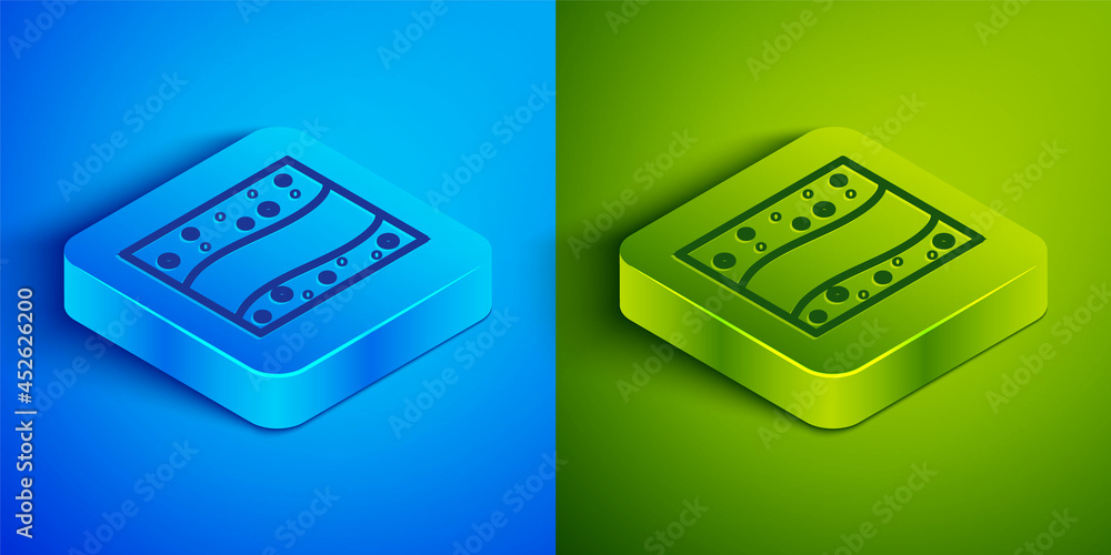 Wall mural Isometric line Gold mine icon isolated on blue and green background. Square button. Vector