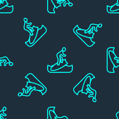 Green line Surfboard icon isolated seamless pattern on blue background. Surfing board. Extreme sport. Sport equipment. Vector