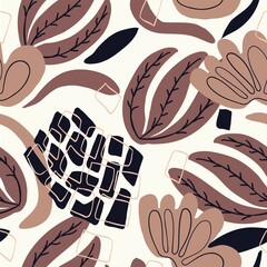 Seamless pattern. Abstract leaves, shapes and elements, brown color, drawing on  white background, hand drawn, packaging, wallpaper, design for textiles, vector illustration.