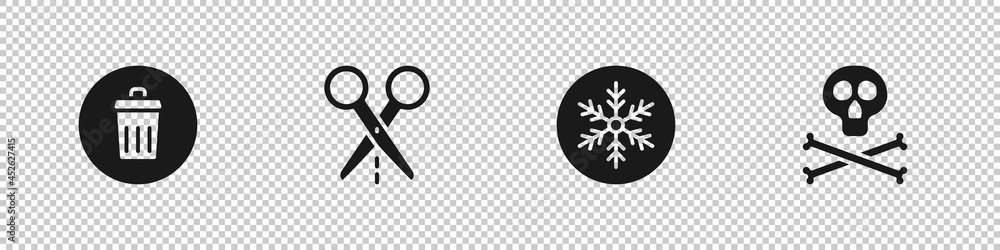 Poster set trash can, scissors with cut line, snowflake and bones and skull warning icon. vector