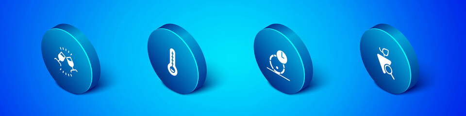 Set Isometric Wine tasting, degustation, Wooden barrel for wine, Grapes and Meteorology thermometer icon. Vector