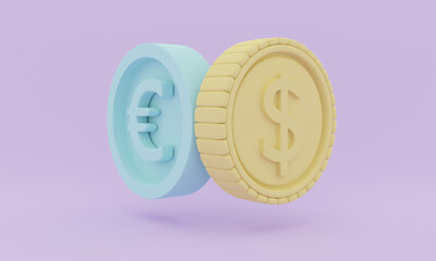 3d Rendering concept of Euro and Dollar currency money finance. Cartoon style in pastel of Euro and Dollar coin. 3D Render. 3D illustration.