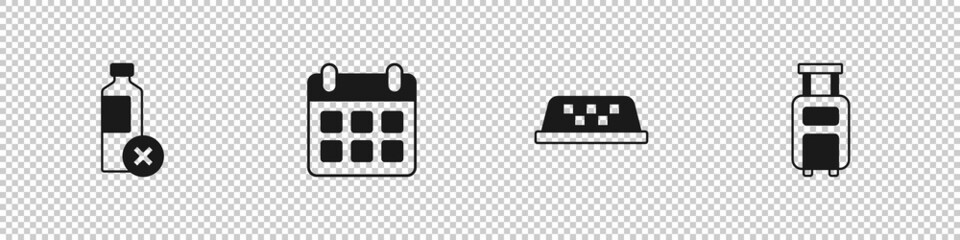 Set No water bottle, Calendar and airplane, Taxi car roof and Suitcase icon. Vector