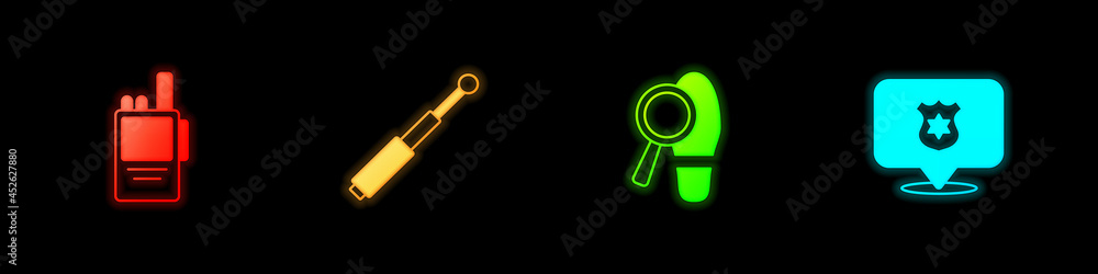 Sticker Set Walkie talkie, Telescopic baton, Footsteps and Police badge icon. Vector