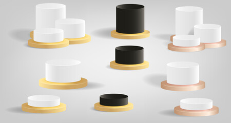 Set collection of podium stage or platform for isolated product display presentation in multiple metal color, white yellow black rose pink gold pearl. Template 3d mockup design.