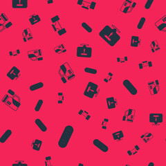 Set Skateboard, wheel, Cinema camera and T tool on seamless pattern. Vector