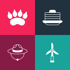 Set pop art Wind turbine, Canadian ranger hat, Stack of pancakes and Bear paw footprint icon. Vector
