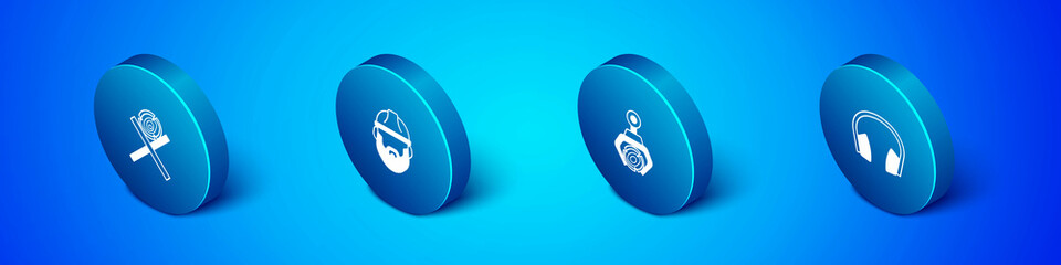 Set Isometric Wooden logs on a stand, Grapple crane grabbed, Headphones and Lumberjack icon. Vector