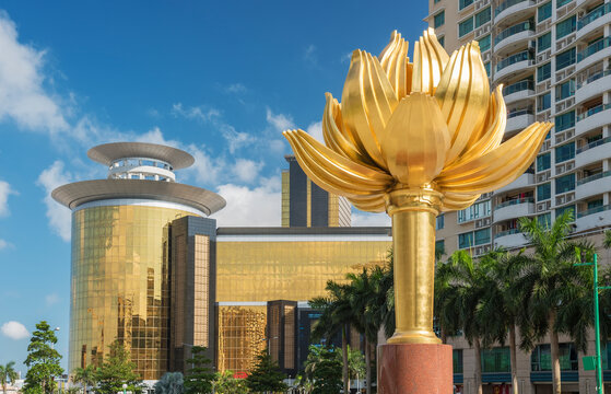 Macau, China - June 01, 2016: Standing in Lotus Square next to the Forum, the large sculpture of Lotus Flower In Full Bloom presented by the State Council of China in 1999.