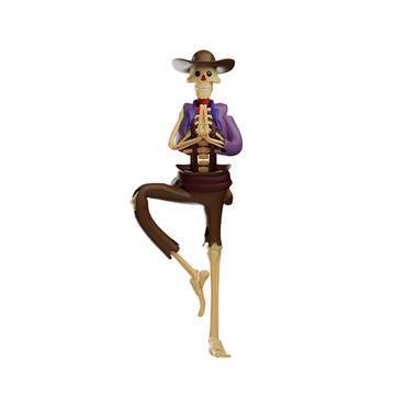Skull Cowboy 3D Cartoon Illustration showing one-leg stand