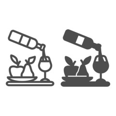 Wine pouring, bottle, wineglass, bowl of fruits line and solid icon, catering concept, serving vector sign on white background, outline style icon for mobile concept and web design. Vector graphics.