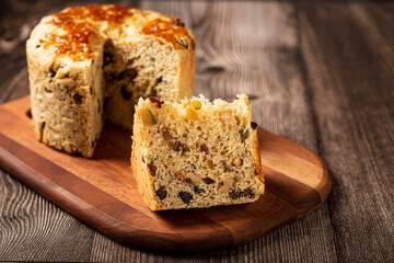 Panettone with candied fruits, traditional Christmas bread.