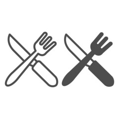 Fork and knife crossed, eating utensils line and solid icon, catering concept, cutlery vector sign on white background, outline style icon for mobile concept and web design. Vector graphics.