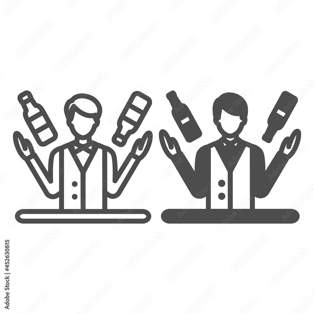 Poster bartender juggling bottles, barkeeper at work line and solid icon, bar concept, barman juggler vecto