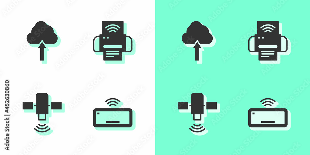Poster set computer keyboard, cloud upload, satellite and smart printer system icon. vector