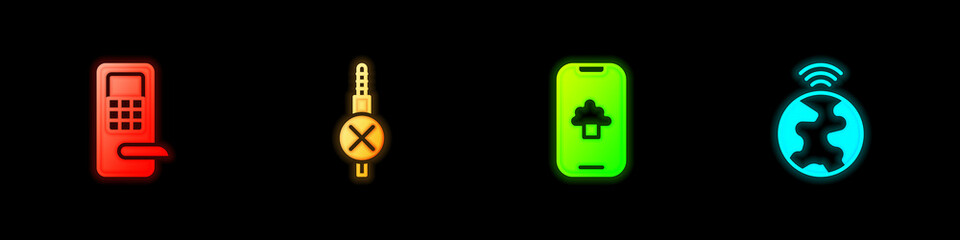 Set Digital door lock, No audio jack, Cloud technology data and Global icon. Vector