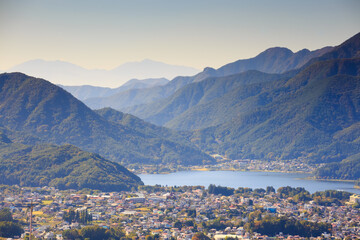 Aerial view of Lake kawaguchi and town viewed from Kawaguchiko Tenjoyama Park Mt. Kachi Kachi Ropeway, Kawaguchigo, Japan.